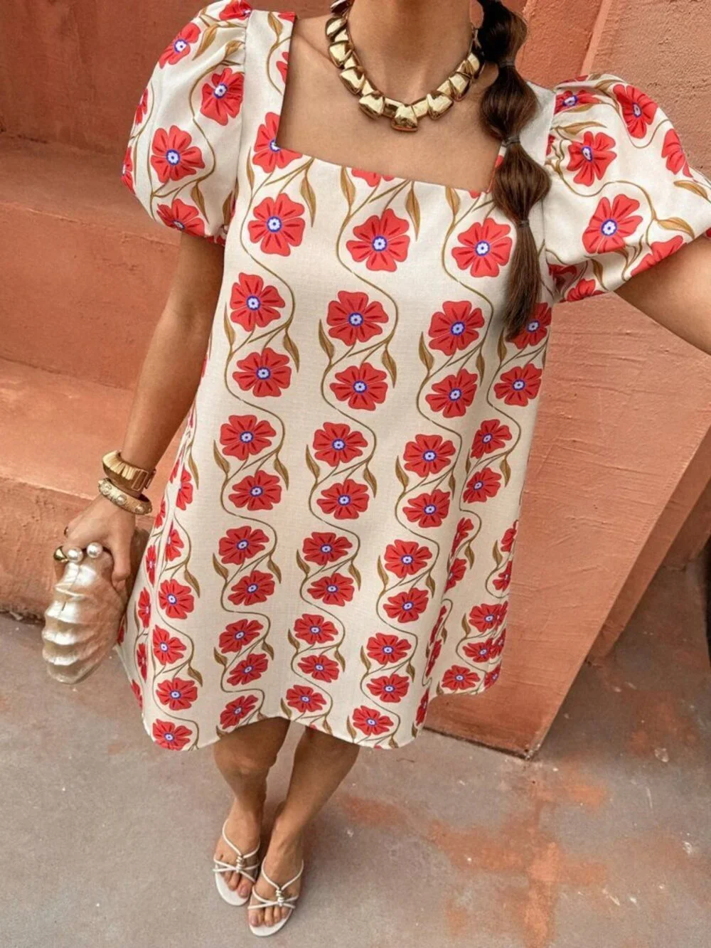 Red Boho Women's Floral Print Square Neck Petal Sleeve Mini Dress